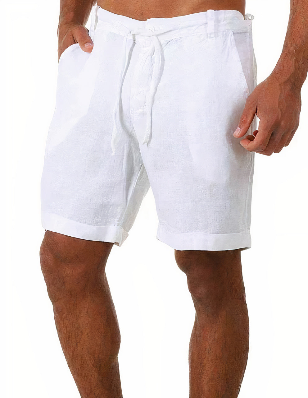 Ademende linnen zomershorts voor heren in wit, met een comfortabele pasvorm en trekkoord voor een stijlvolle zomerse uitstraling.
