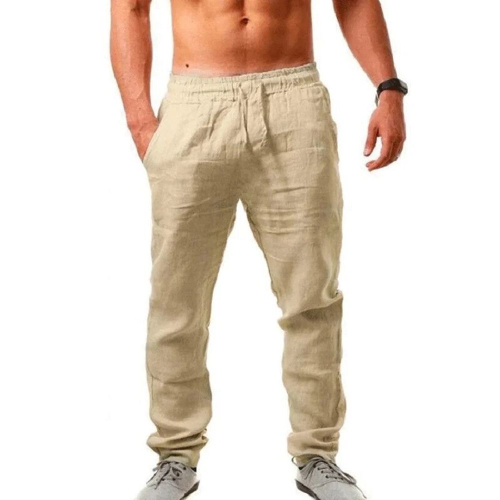 Elegante linnen zomerbroek voor mannen met elastische tailleband en casual uitstraling.