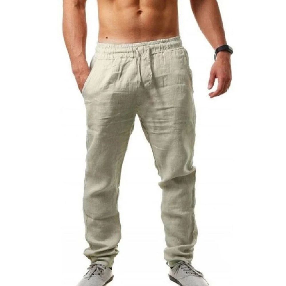 Elegante linnen zomerbroek voor mannen met elastische tailleband en casual uitstraling.