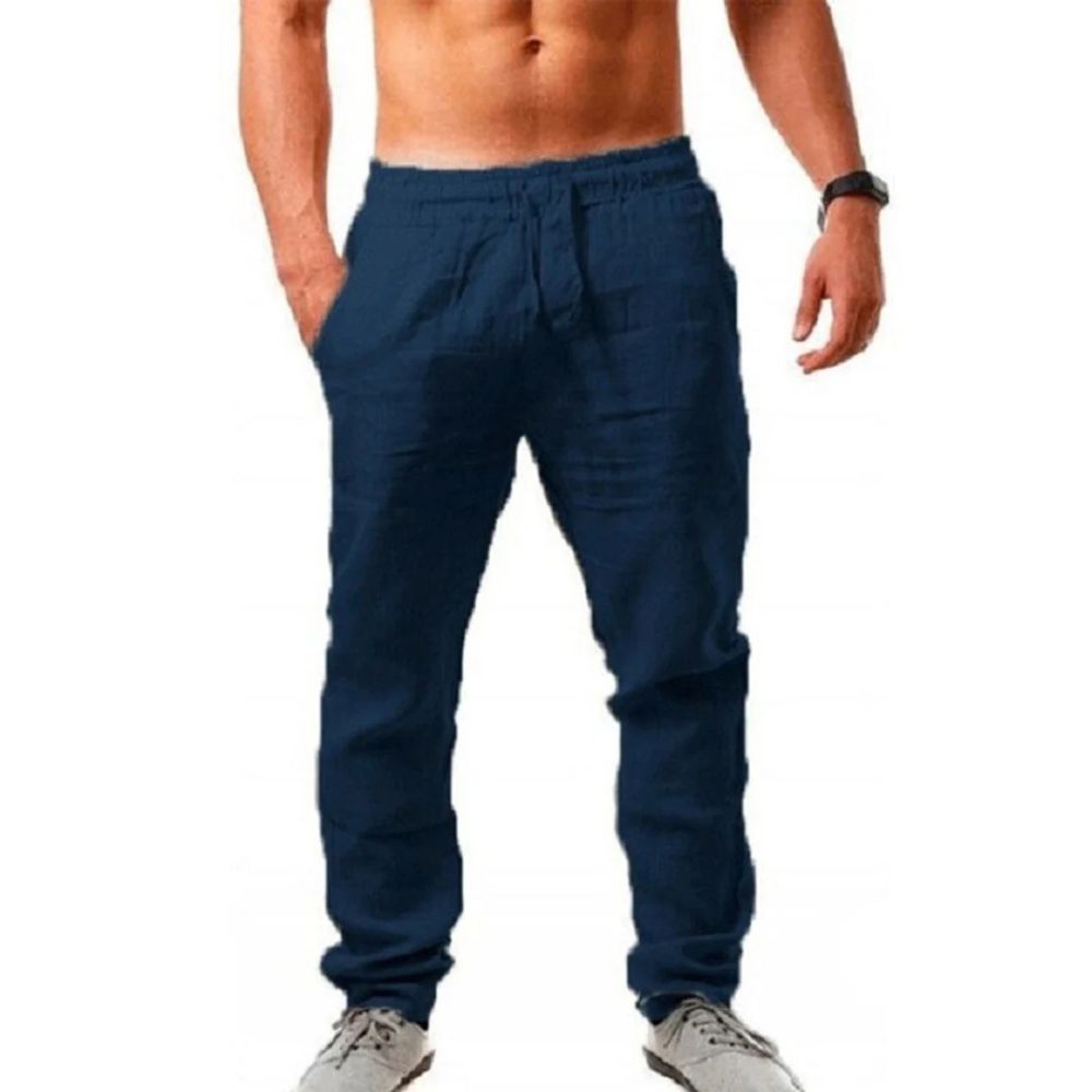 Elegante linnen zomerbroek voor mannen met elastische tailleband en casual uitstraling.