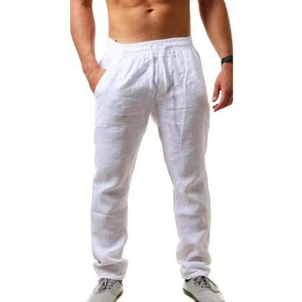 Elegante linnen zomerbroek voor mannen met elastische tailleband en casual uitstraling.