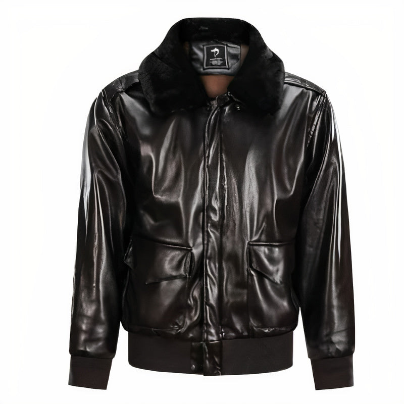 Retro vintage leren jas voor heren met imitatiebontkraag en glanzend ontwerp, ideaal voor een tijdloze, stoere look.