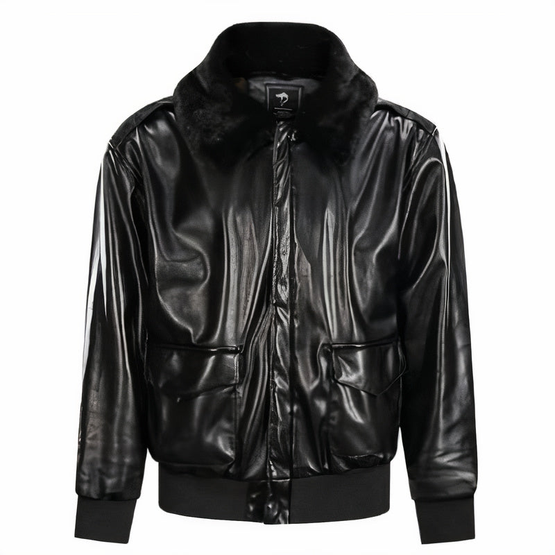 Retro vintage leren jas voor heren met imitatiebontkraag en glanzend ontwerp, ideaal voor een tijdloze, stoere look.
