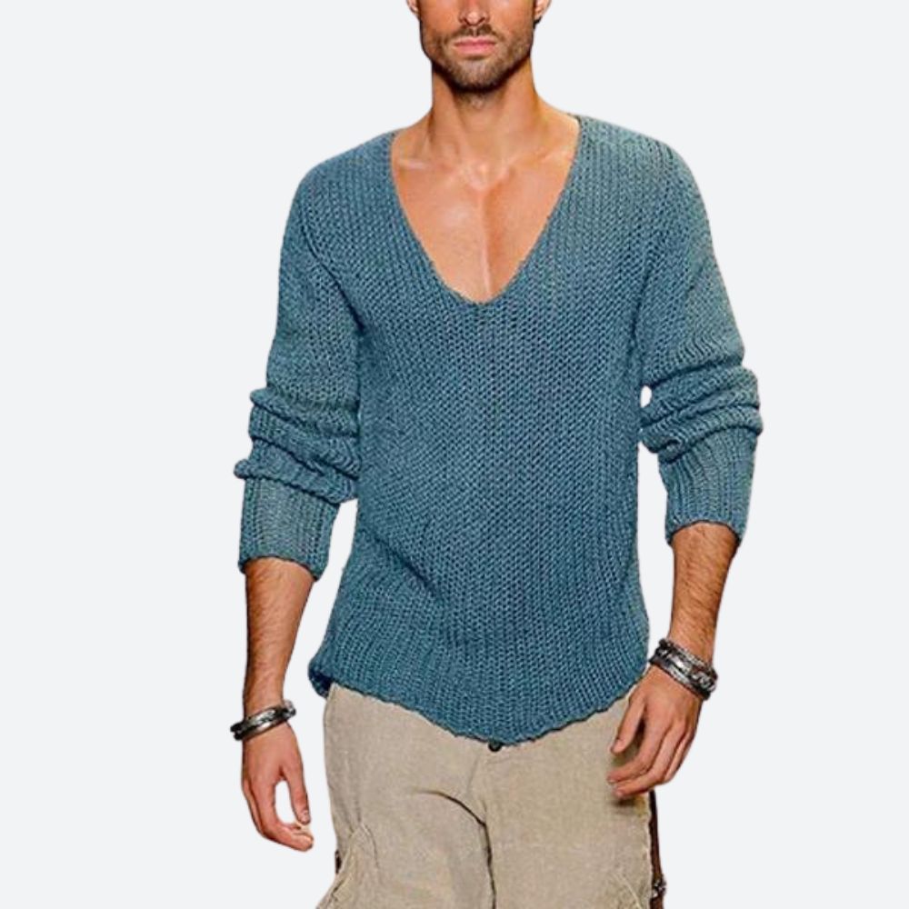 Stijlvolle trui voor mannen met een diepe V-hals en moderne gebreide textuur, perfect voor casual herfst- en winterdagen.