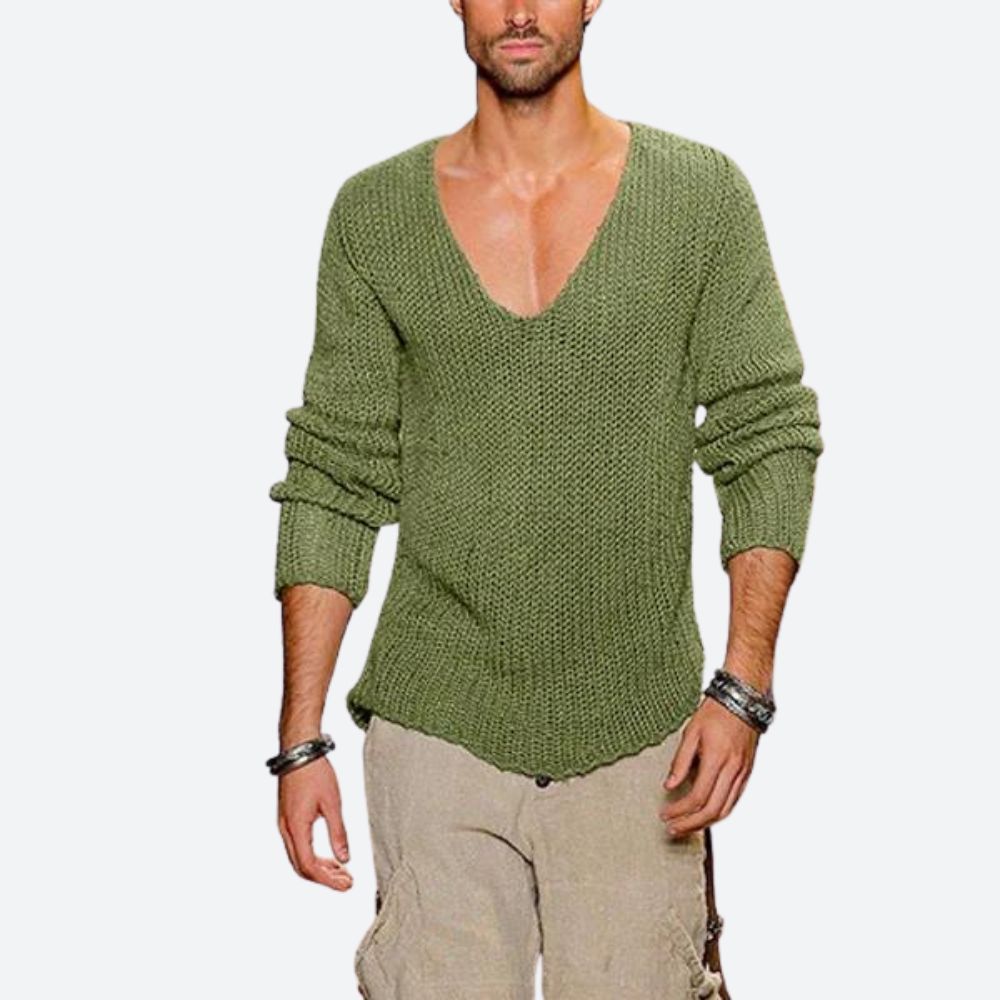 Stijlvolle trui voor mannen met een diepe V-hals en moderne gebreide textuur, perfect voor casual herfst- en winterdagen.