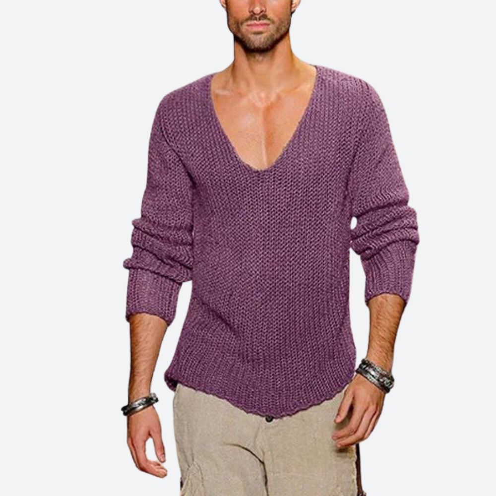 Stijlvolle trui voor mannen met een diepe V-hals en moderne gebreide textuur, perfect voor casual herfst- en winterdagen.