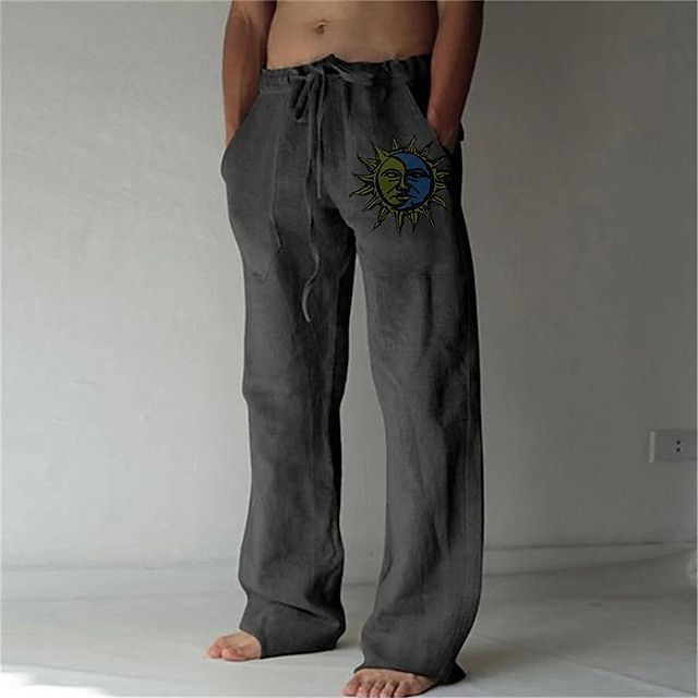 Ademende linnen zomer vakantie broek voor heren met een losse pasvorm en unieke zon-en-maanprint.