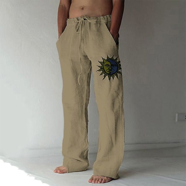 Ademende linnen zomer vakantie broek voor heren met een losse pasvorm en unieke zon-en-maanprint.