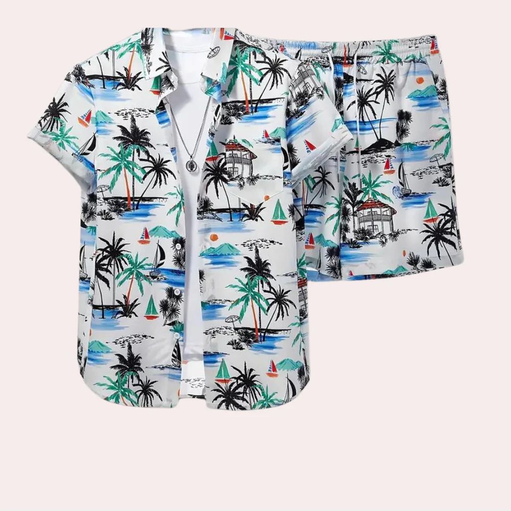 Modieuze 2-delige zomerset voor heren met tropisch design en comfortabele pasvorm.