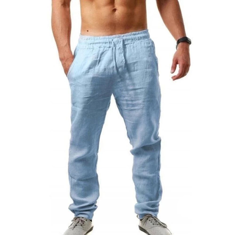Elegante linnen zomerbroek voor mannen met elastische tailleband en casual uitstraling.