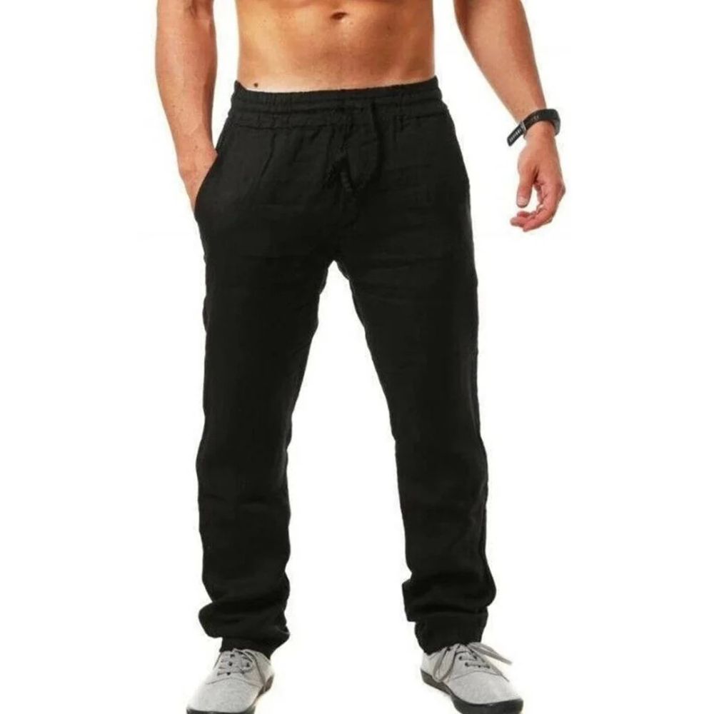 Elegante linnen zomerbroek voor mannen met elastische tailleband en casual uitstraling.