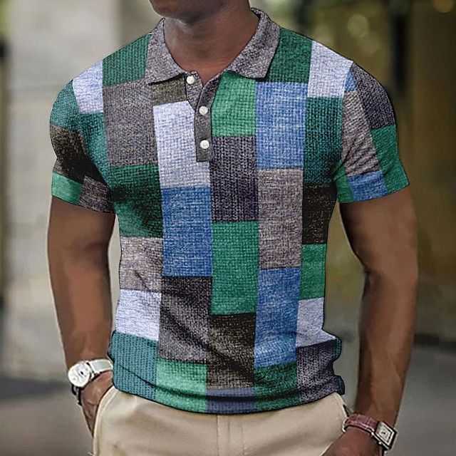 Geruit heren zomer poloshirt met een trendy patchwork-print en ademend materiaal.