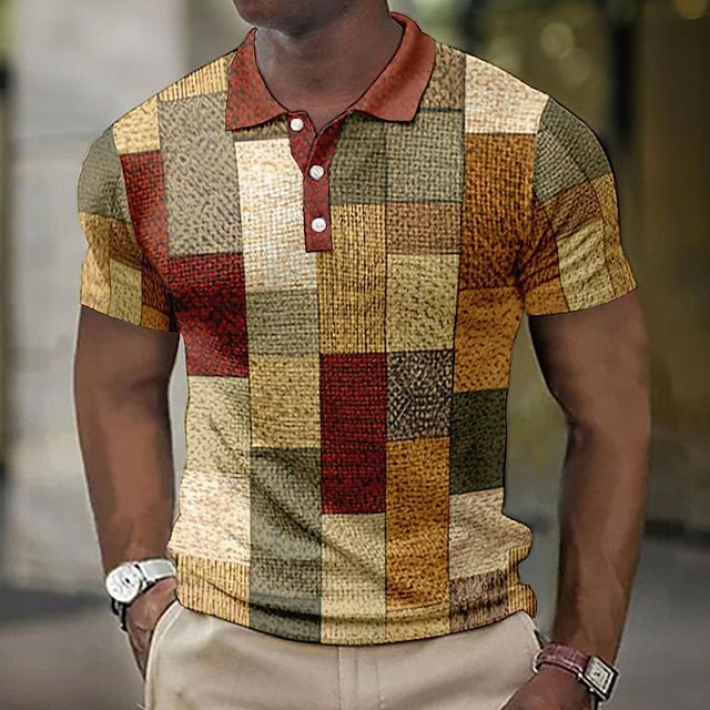 Geruit heren zomer poloshirt met een trendy patchwork-print en ademend materiaal.