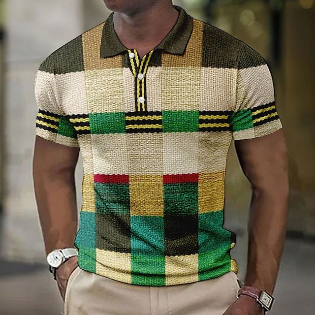 Geruit heren zomer poloshirt met een trendy patchwork-print en ademend materiaal.