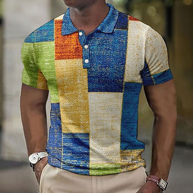 Geruit heren zomer poloshirt met een trendy patchwork-print en ademend materiaal.