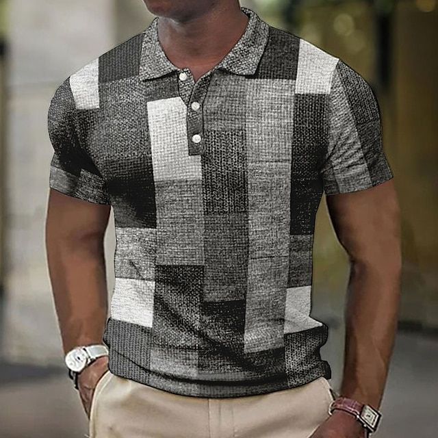 Geruit heren zomer poloshirt met een trendy patchwork-print en ademend materiaal.