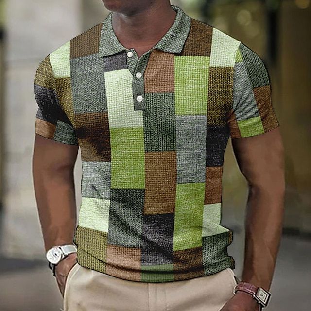 Geruit heren zomer poloshirt met een trendy patchwork-print en ademend materiaal.