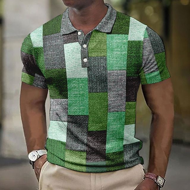Geruit heren zomer poloshirt met een trendy patchwork-print en ademend materiaal.