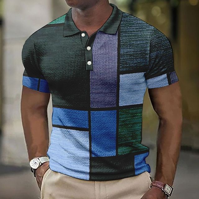 Geruit heren zomer poloshirt met een trendy patchwork-print en ademend materiaal.