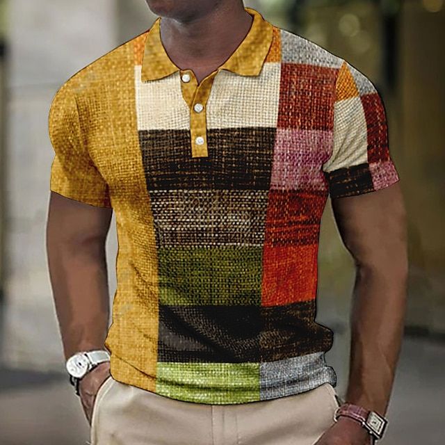 Geruit heren zomer poloshirt met een trendy patchwork-print en ademend materiaal.