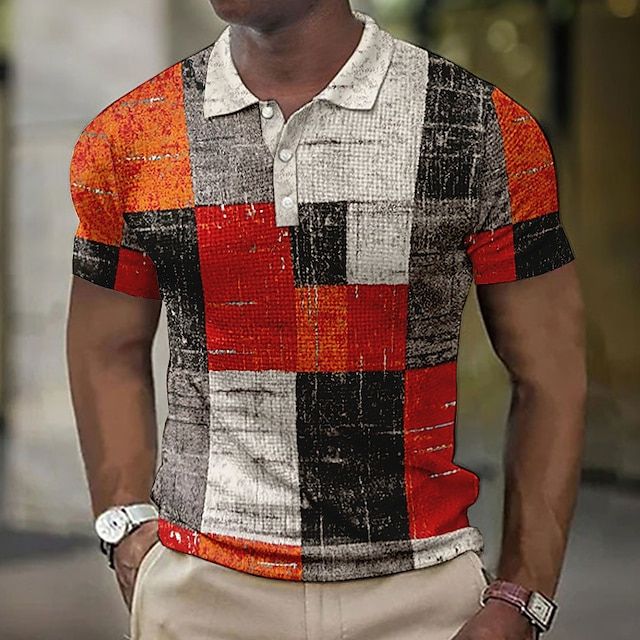 Geruit heren zomer poloshirt met een trendy patchwork-print en ademend materiaal.