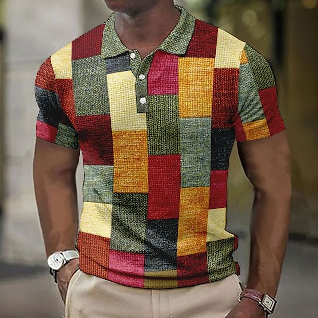 Geruit heren zomer poloshirt met een trendy patchwork-print en ademend materiaal.