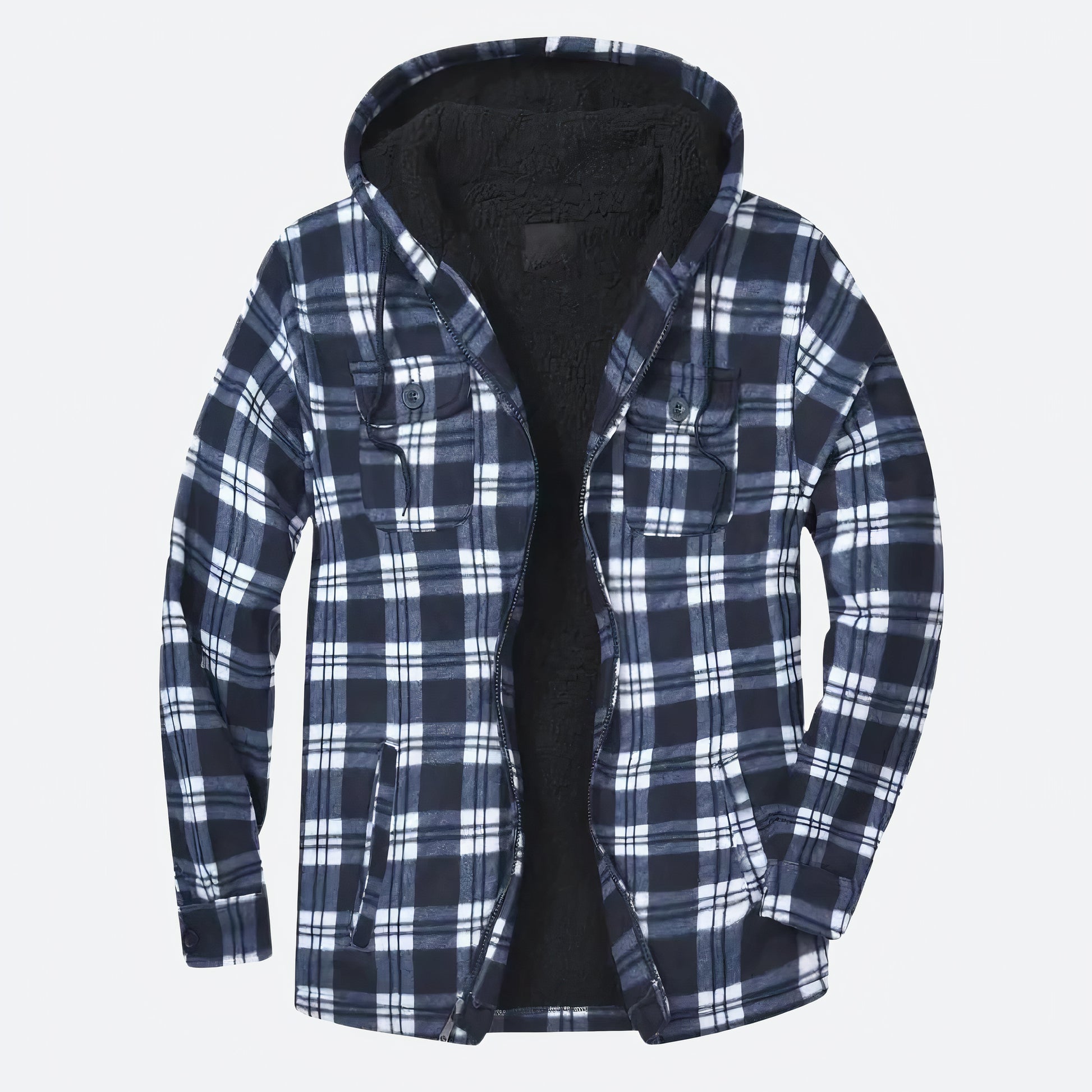 Geruite herenjas met capuchon, warme voering en stijlvolle print, ideaal voor herfst- en winterdagen.
