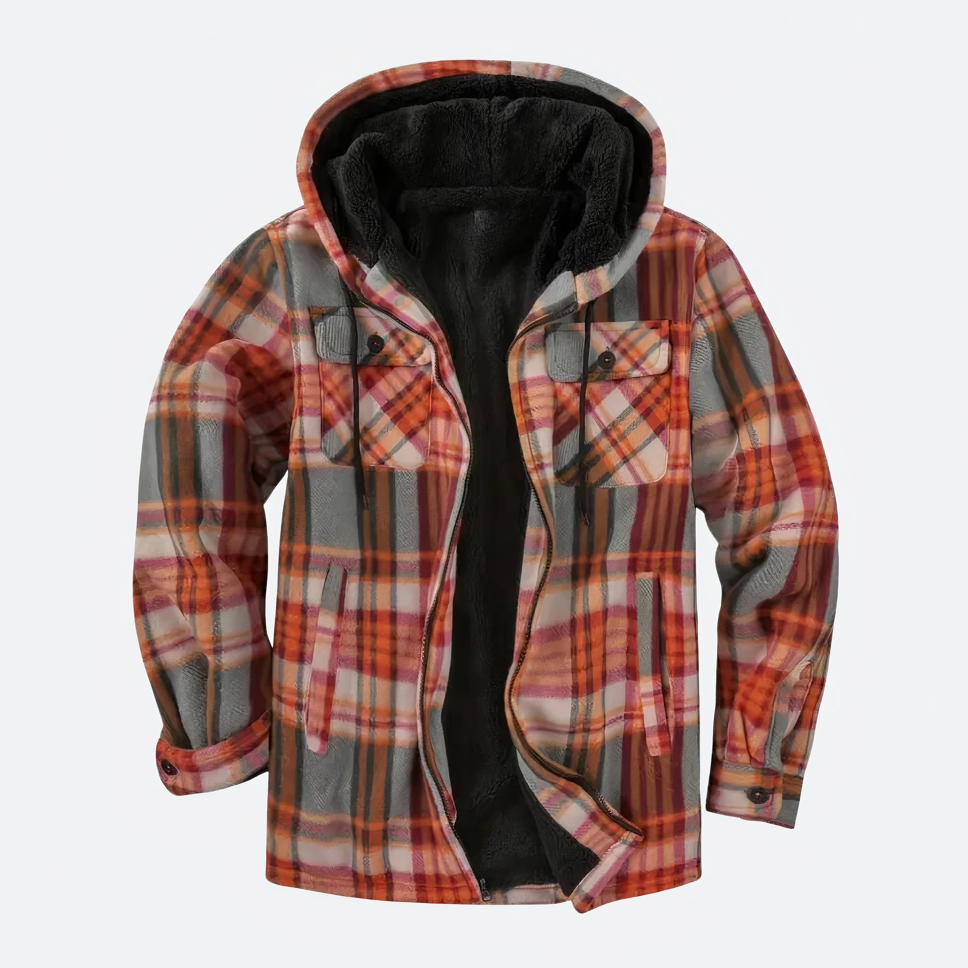 Geruite herenjas met capuchon, warme voering en stijlvolle print, ideaal voor herfst- en winterdagen.