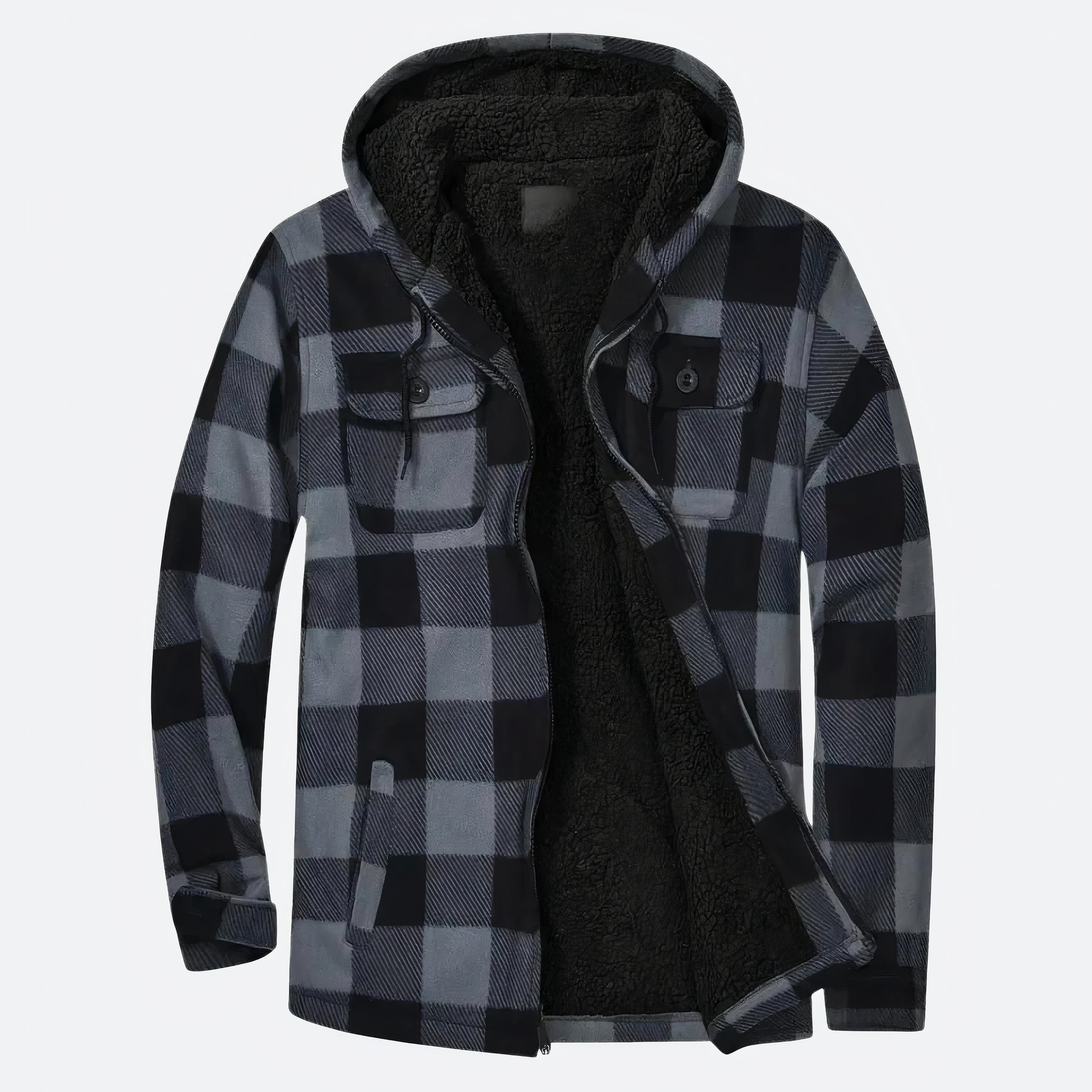 Geruite herenjas met capuchon, warme voering en stijlvolle print, ideaal voor herfst- en winterdagen.