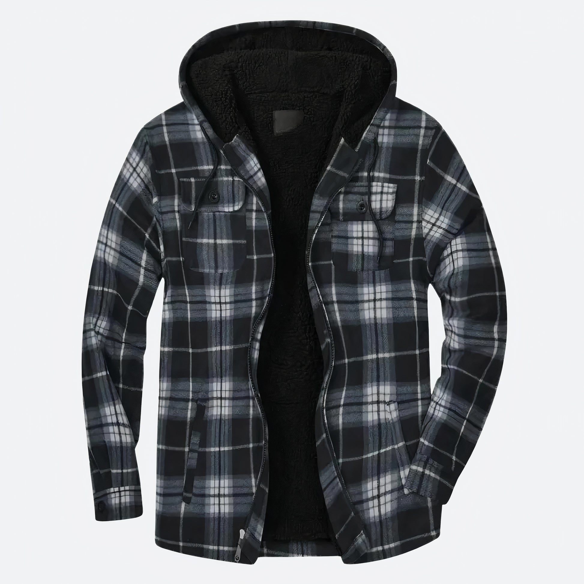 Geruite herenjas met capuchon, warme voering en stijlvolle print, ideaal voor herfst- en winterdagen.