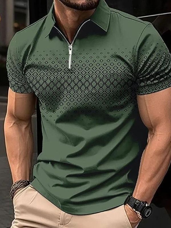 Klassiek zomerpoloshirt voor heren met ritssluiting, subtiele print en ademend materiaal.