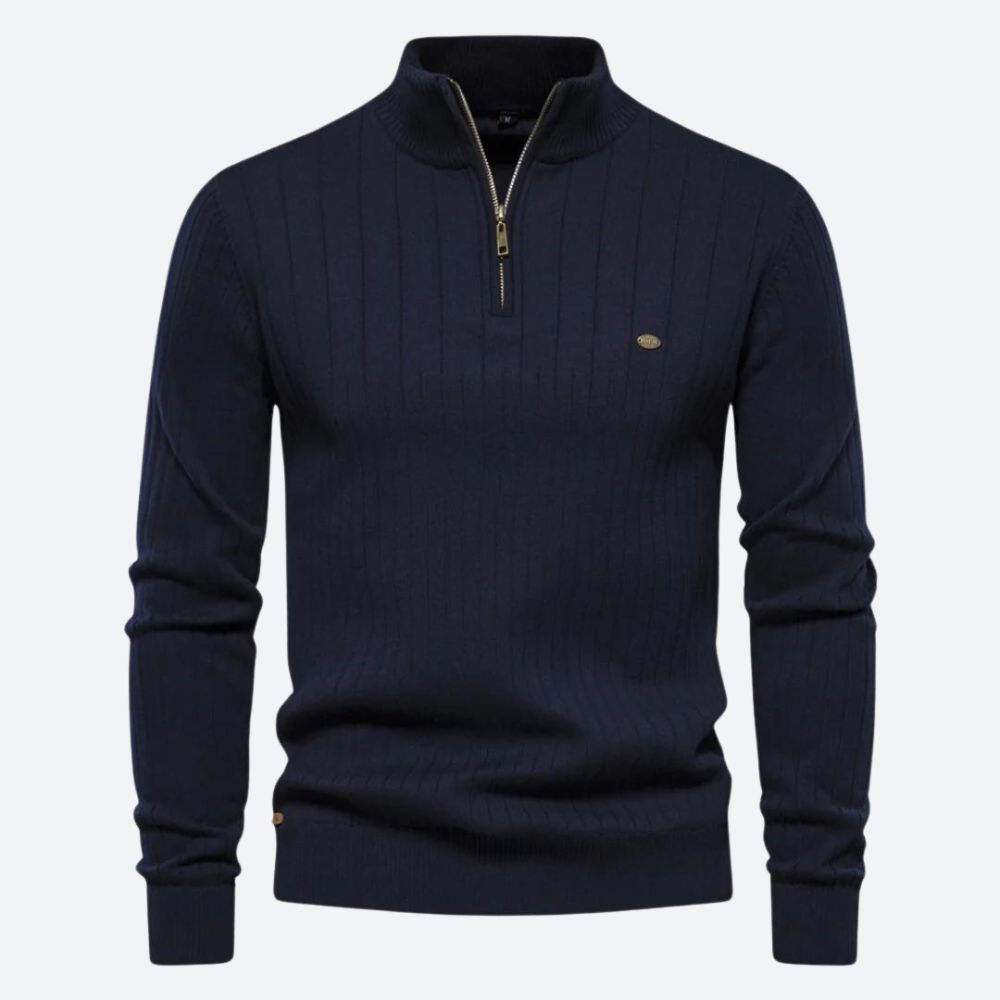 Klassieke gebreide herentrui voor mannen met kwartrits, ideaal voor herfst- en winterdagen.