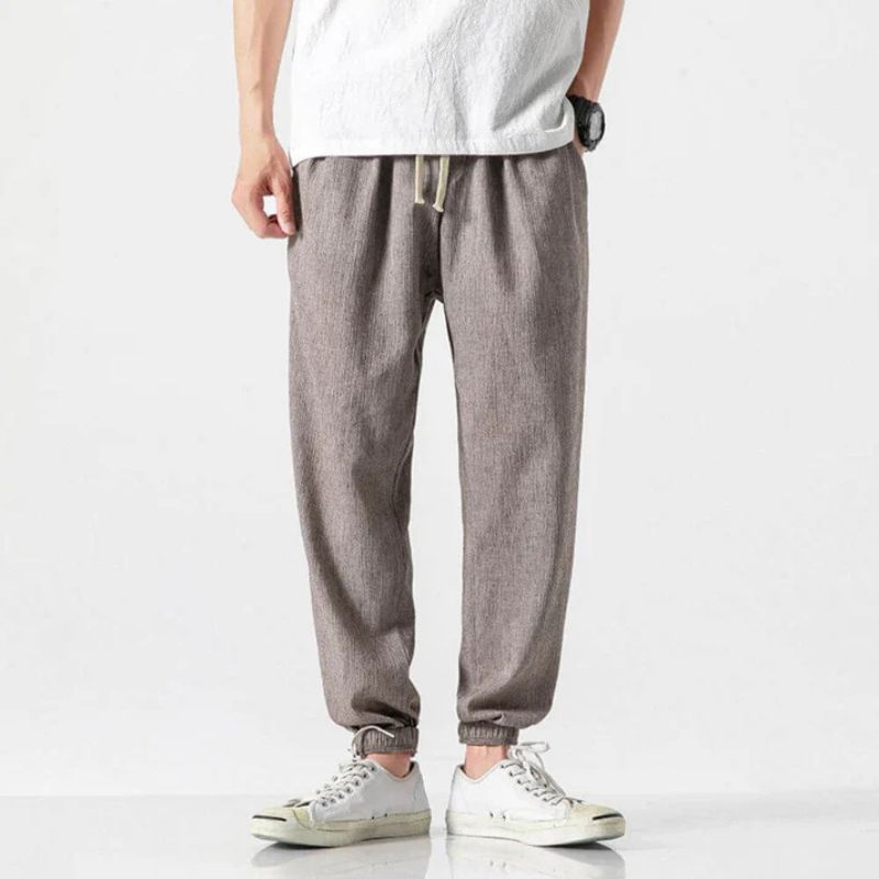 Stijlvolle en comfortabele herenbroek van katoen-linnen mix met elastische taille en boorden.