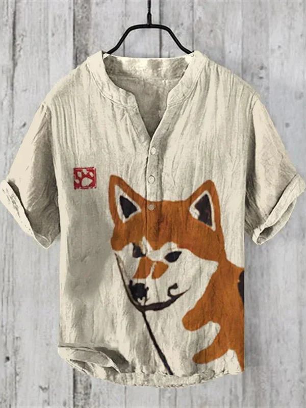 Lichtgewicht linnen-zijden zomershirt met een artistiek hondenmotief, perfect voor een stijlvolle en ademende zomerlook.