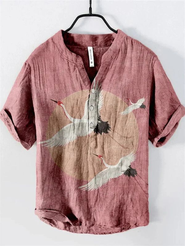 Lichtgewicht linnen-zijden zomershirt met een artistiek hondenmotief, perfect voor een stijlvolle en ademende zomerlook.