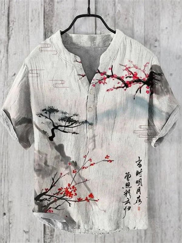 Lichtgewicht linnen-zijden zomershirt met een artistiek hondenmotief, perfect voor een stijlvolle en ademende zomerlook.