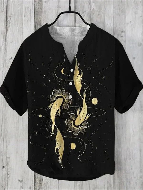 Lichtgewicht linnen-zijden zomershirt met een artistiek hondenmotief, perfect voor een stijlvolle en ademende zomerlook.