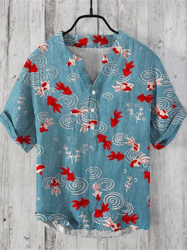 Lichtgewicht linnen-zijden zomershirt met een artistiek hondenmotief, perfect voor een stijlvolle en ademende zomerlook.