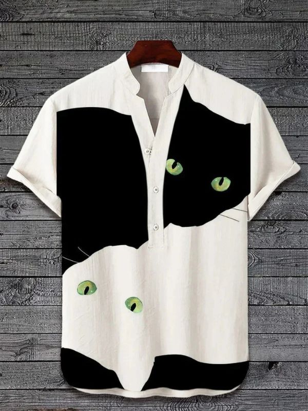 Lichtgewicht linnen-zijden zomershirt met een artistiek hondenmotief, perfect voor een stijlvolle en ademende zomerlook.