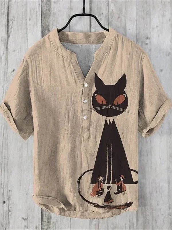 Lichtgewicht linnen-zijden zomershirt met een artistiek hondenmotief, perfect voor een stijlvolle en ademende zomerlook.