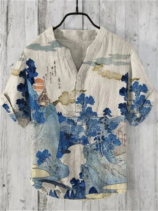 Lichtgewicht linnen-zijden zomershirt met een artistiek hondenmotief, perfect voor een stijlvolle en ademende zomerlook.