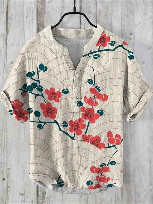 Lichtgewicht linnen-zijden zomershirt met een artistiek hondenmotief, perfect voor een stijlvolle en ademende zomerlook.