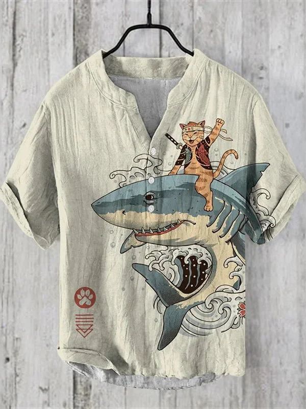 Lichtgewicht linnen-zijden zomershirt met een artistiek hondenmotief, perfect voor een stijlvolle en ademende zomerlook.