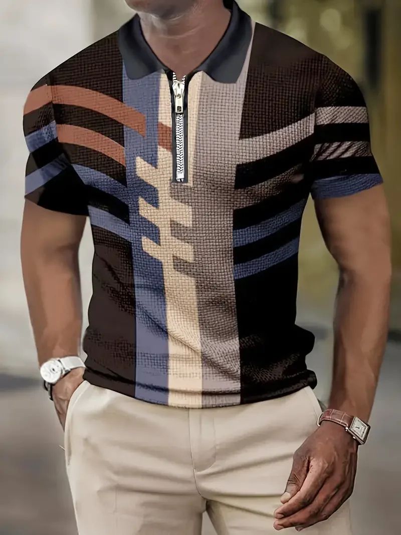 Modern zomeroverhemd voor heren met ritssluiting, ademende stof en stijlvol design.