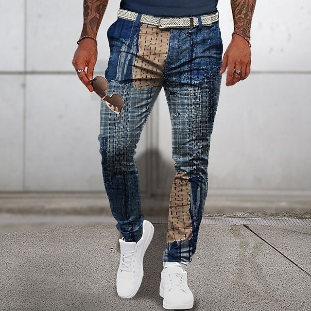 Moderne geruite zomerbroek voor heren met een stijlvol en uniek patchworkdesign.