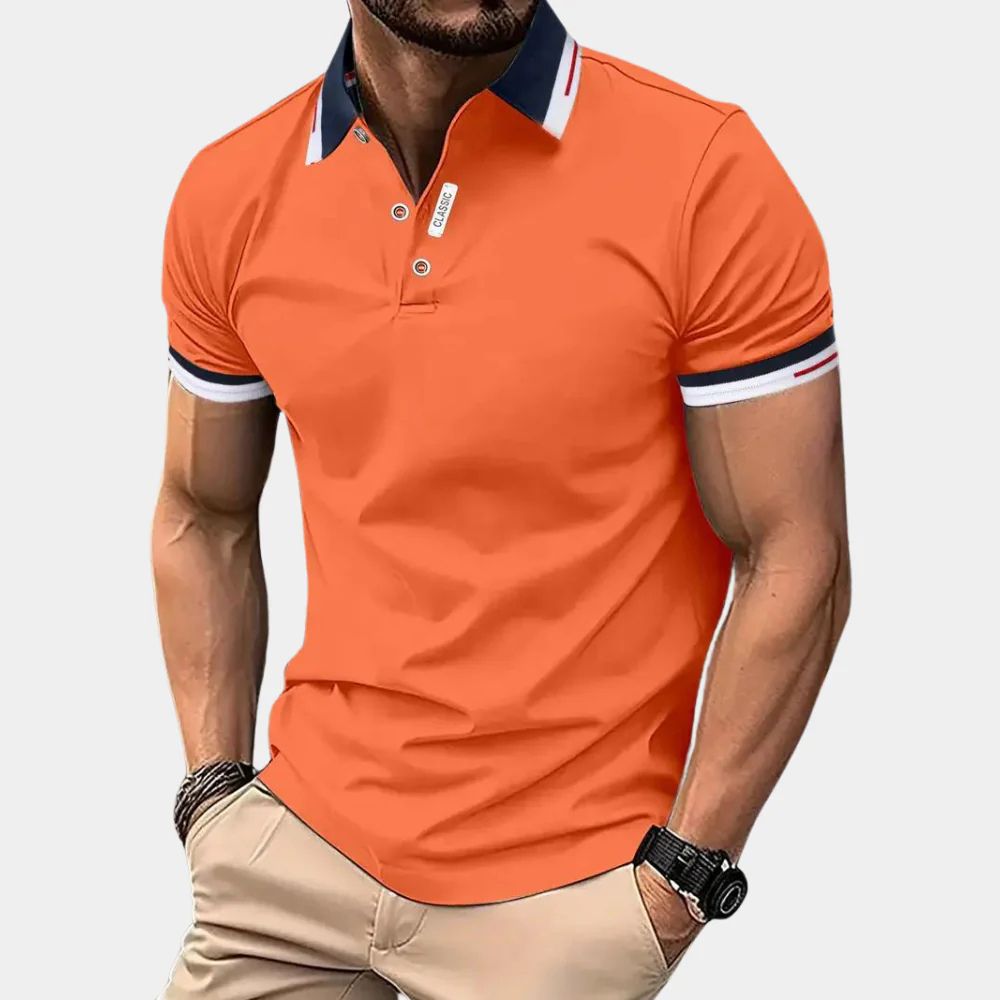Nette oranje heren zomerpolo met contrasterende kraag en mouwdetails








