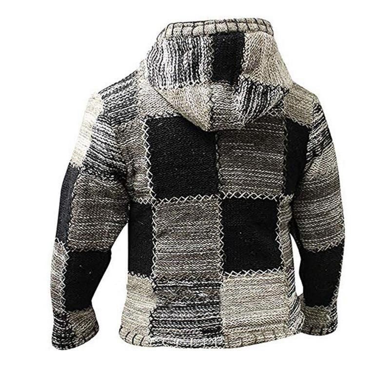 Stijlvolle warme trui met capuchon voor mannen met uniek patchwork-design en comfortabele pasvorm.