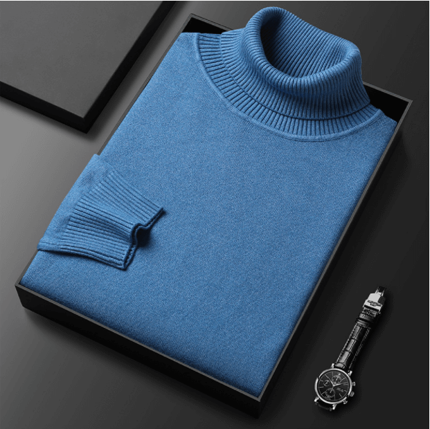Warme blauwe coltrui voor heren, elegant en comfortabel, perfect voor winterdagen en stijlvolle gelegenheden.