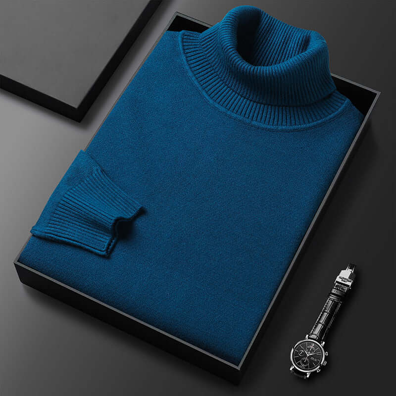 Warme blauwe coltrui voor heren, elegant en comfortabel, perfect voor winterdagen en stijlvolle gelegenheden.